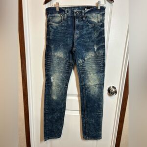 Men’s Essentials Dark Blue Acid Wash Moto Skinny Jeans - Size 30x32 EUC